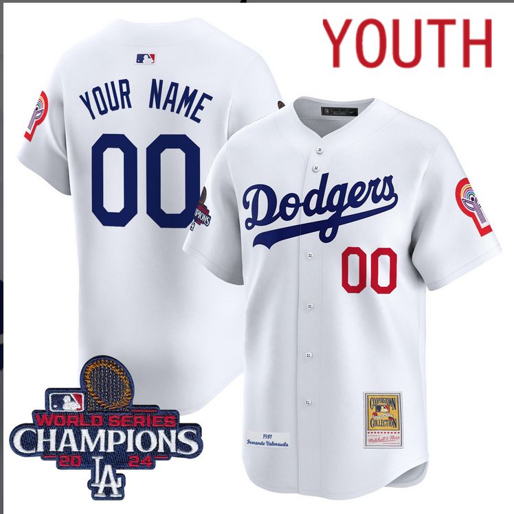 Youth MLB Los Angeles Dodgers Custom white 2024 World Series Champions Patch Cooperstown Jersey style 7